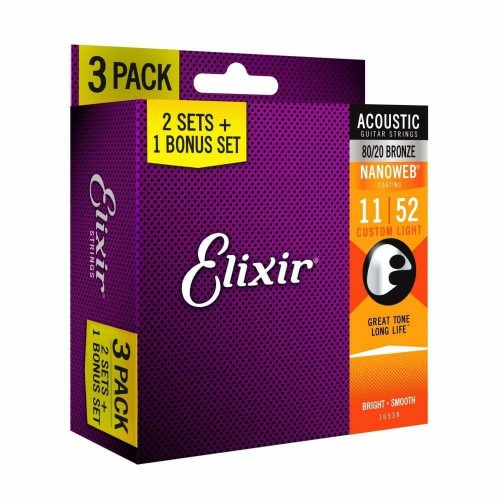 Elixir 80/20 Bronze Nanoweb 3 pack acoustic guitar strings 16538