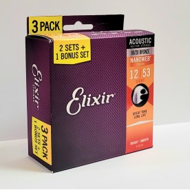 ELIXIR 80/20 BRONZE NANOWEB 3 PACK ACOUSTIC GUITAR STRINGS 16539