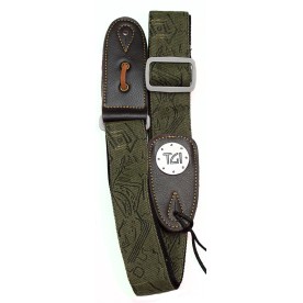 TGI GUITAR STRAP WOVEN GREEN PATTERN DENIM GREY BUCKLE TGS13079